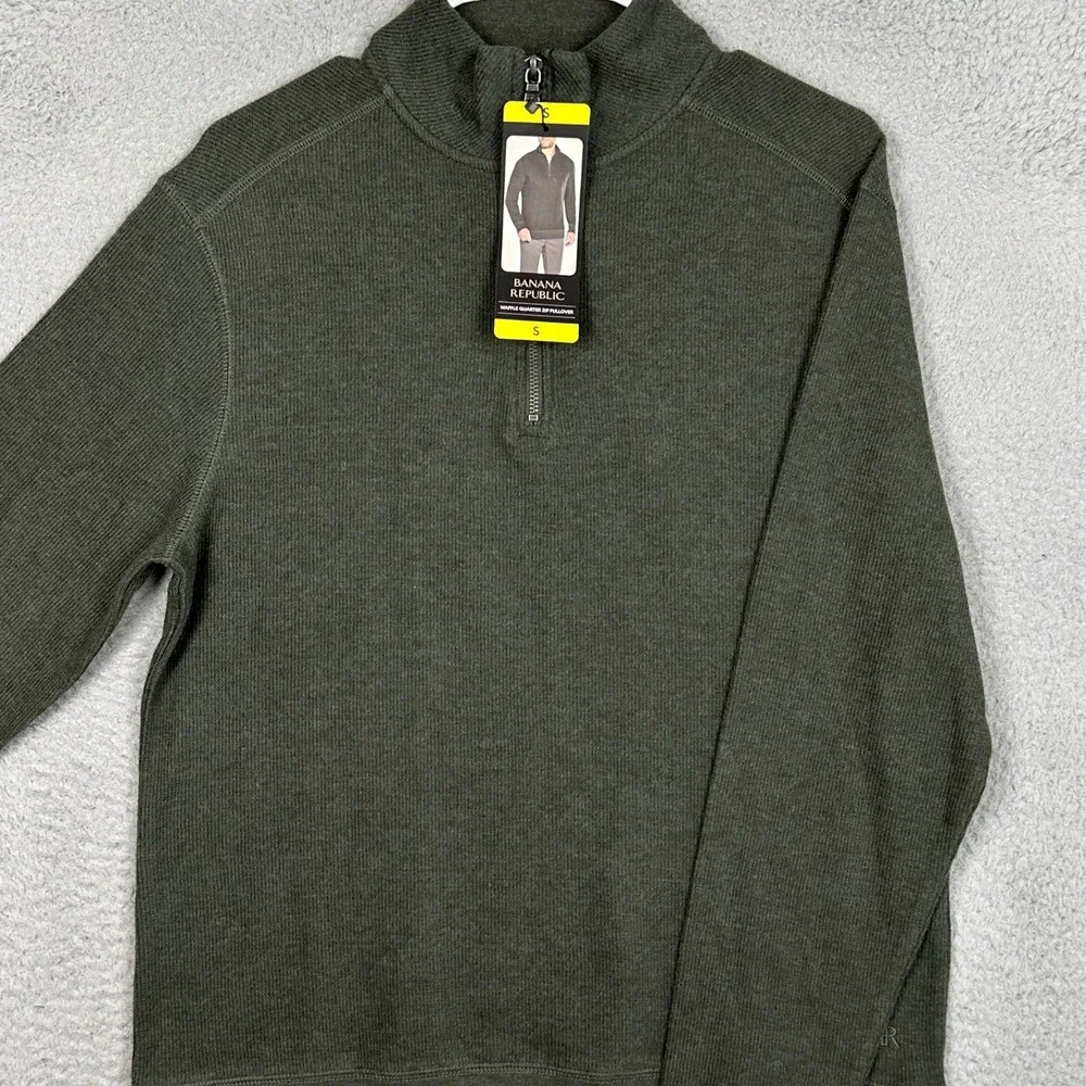 NEW Banana Republic Pullover Men Olive Small Waffle Knit Quarter Zip Sweater